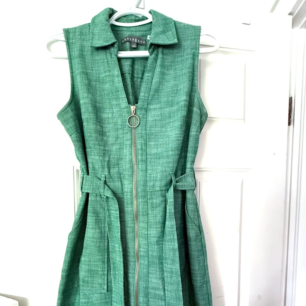 Sharagano Green Zip-Front Midi Dress